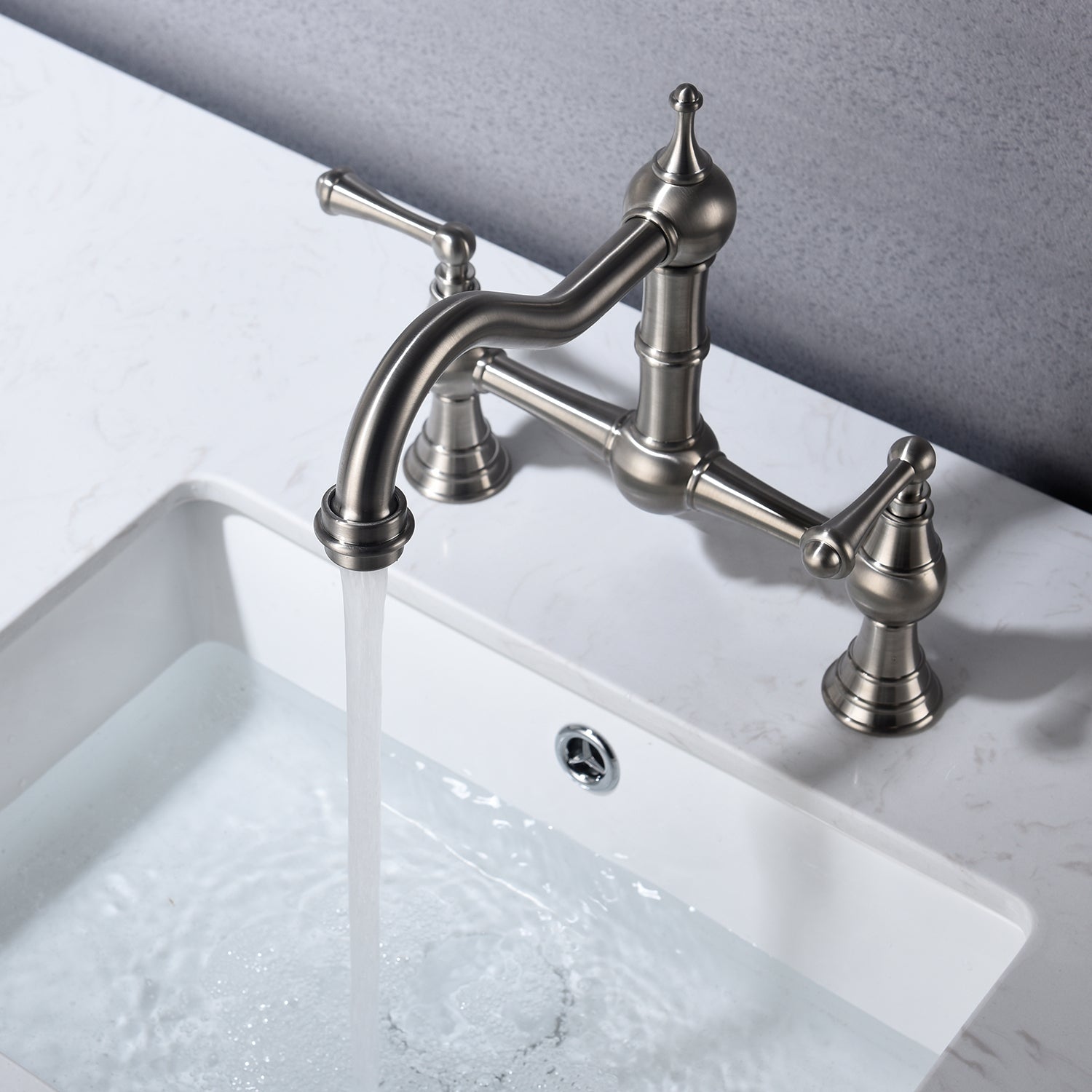 Double Handle Widespread Kitchen Faucet with brushed nickel-brass