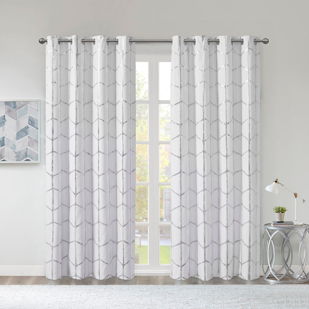 Total Blackout Metallic Print Grommet Top Curtain Panel Only 1 Pc Panel White Silver Polyester