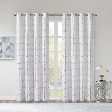 Total Blackout Metallic Print Grommet Top Curtain Panel Only 1 Pc Panel White Silver Polyester