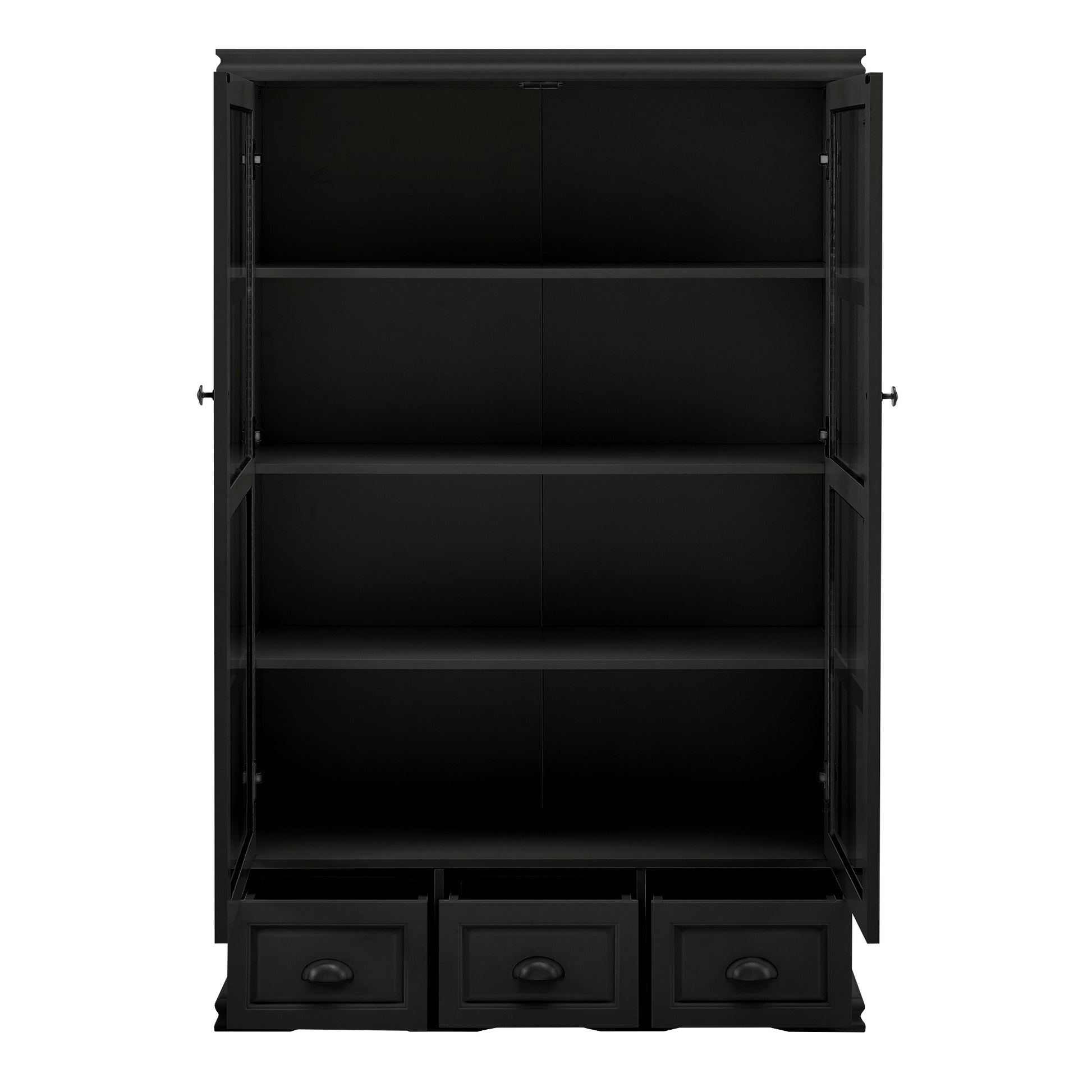 Storage Cabinet With Tempered Glass Doors Curio Cabinet With Adjustable Shelf Display Cabinet With Triple Drawers,Black Black Mdf