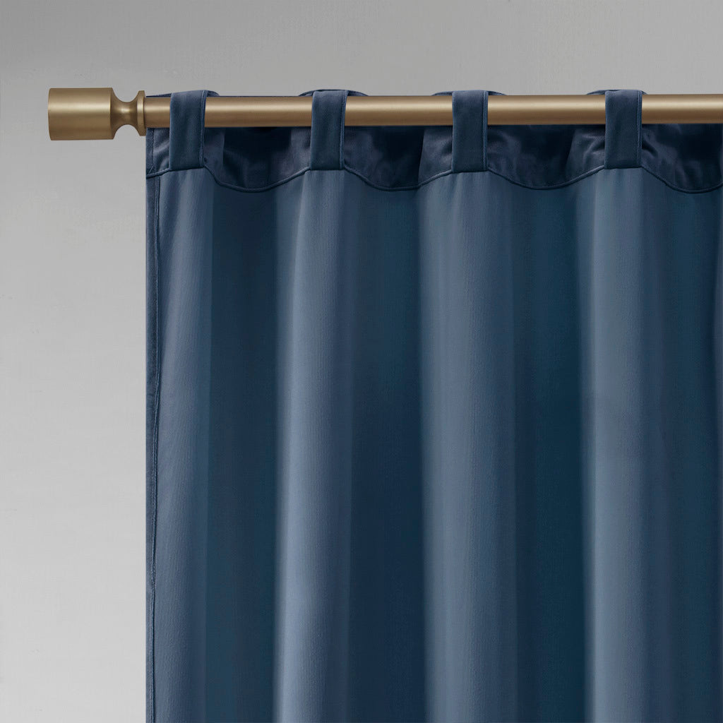 Room Darkening Poly Velvet Rod Pocket Back Tab Curtain Panel Pair 2 Pcs Window Panels Navy Polyester