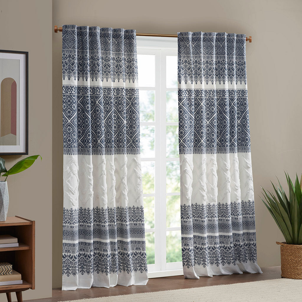 Cotton Printed Curtain Panel With Chenille Detail And Lining Only 1 Pc Panel Multicolor Cotton