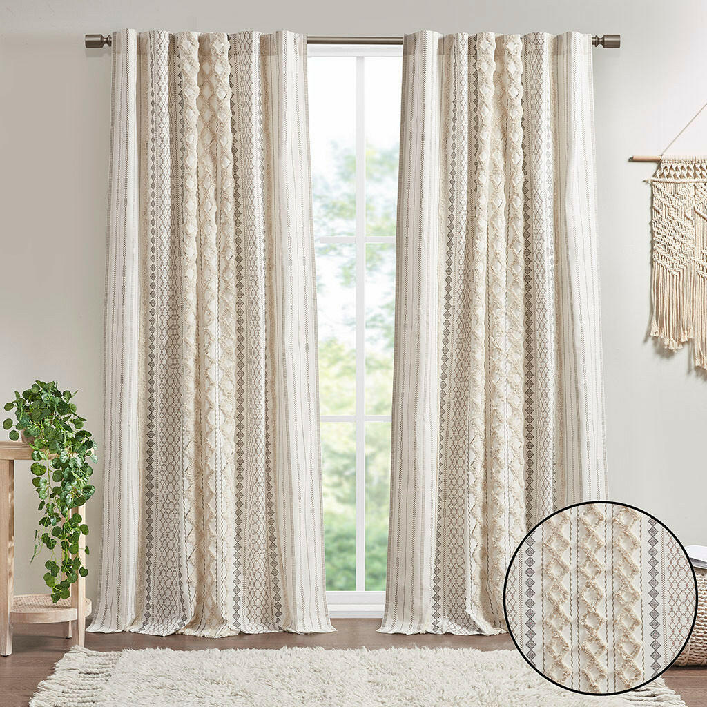 Cotton Printed Curtain Panel With Chenille Stripe And Lining Only 1 Pc Panel Multicolor Cotton