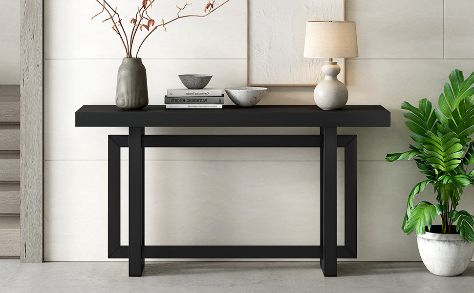 Contemporary Console Table With Wood Top, Extra Long Entryway Table For Entryway, Hallway, Living Room, Foyer, Corridor Black Solid Wood Mdf