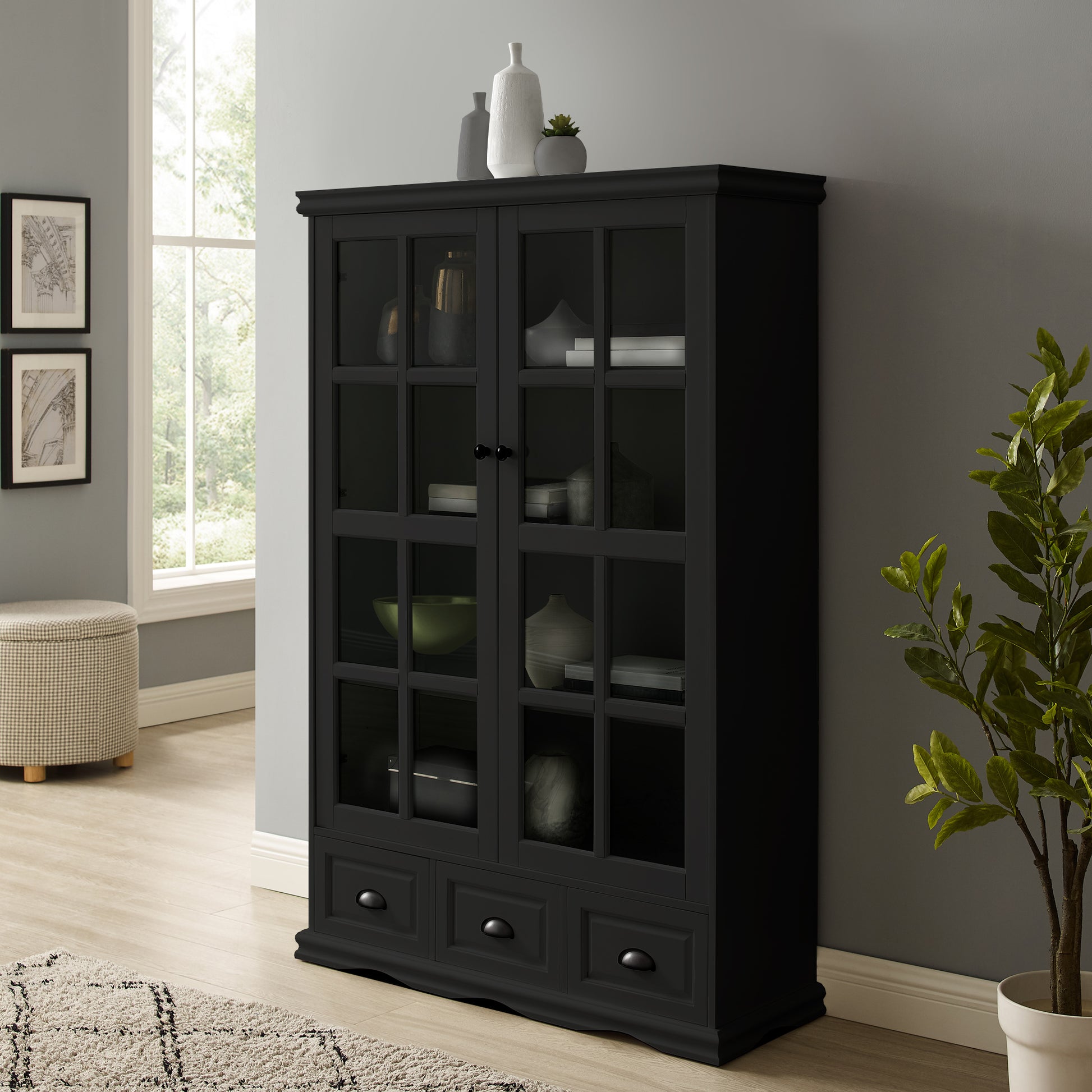 Storage Cabinet With Tempered Glass Doors Curio Cabinet With Adjustable Shelf Display Cabinet With Triple Drawers,Black Black Mdf