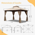 10'X13' Gazebo, Outdoor Gazebo With Mosquito Netting, Metal Frame Double Roof Soft Top Patio Gazebo Canopy Tent For Deck Backyard Garden Lawns Khaki Khaki Metal