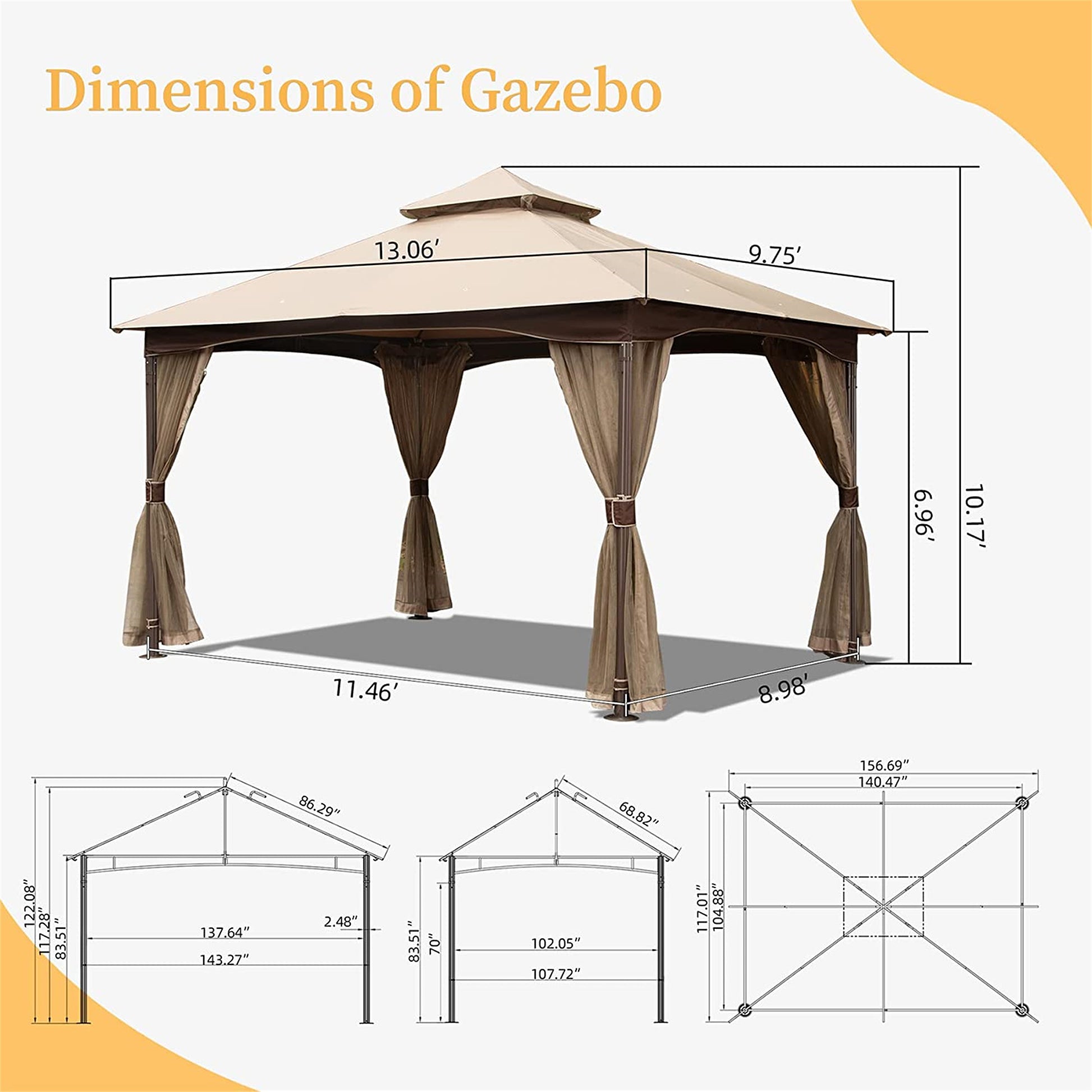 10'X13' Gazebo, Outdoor Gazebo With Mosquito Netting, Metal Frame Double Roof Soft Top Patio Gazebo Canopy Tent For Deck Backyard Garden Lawns Khaki Khaki Metal