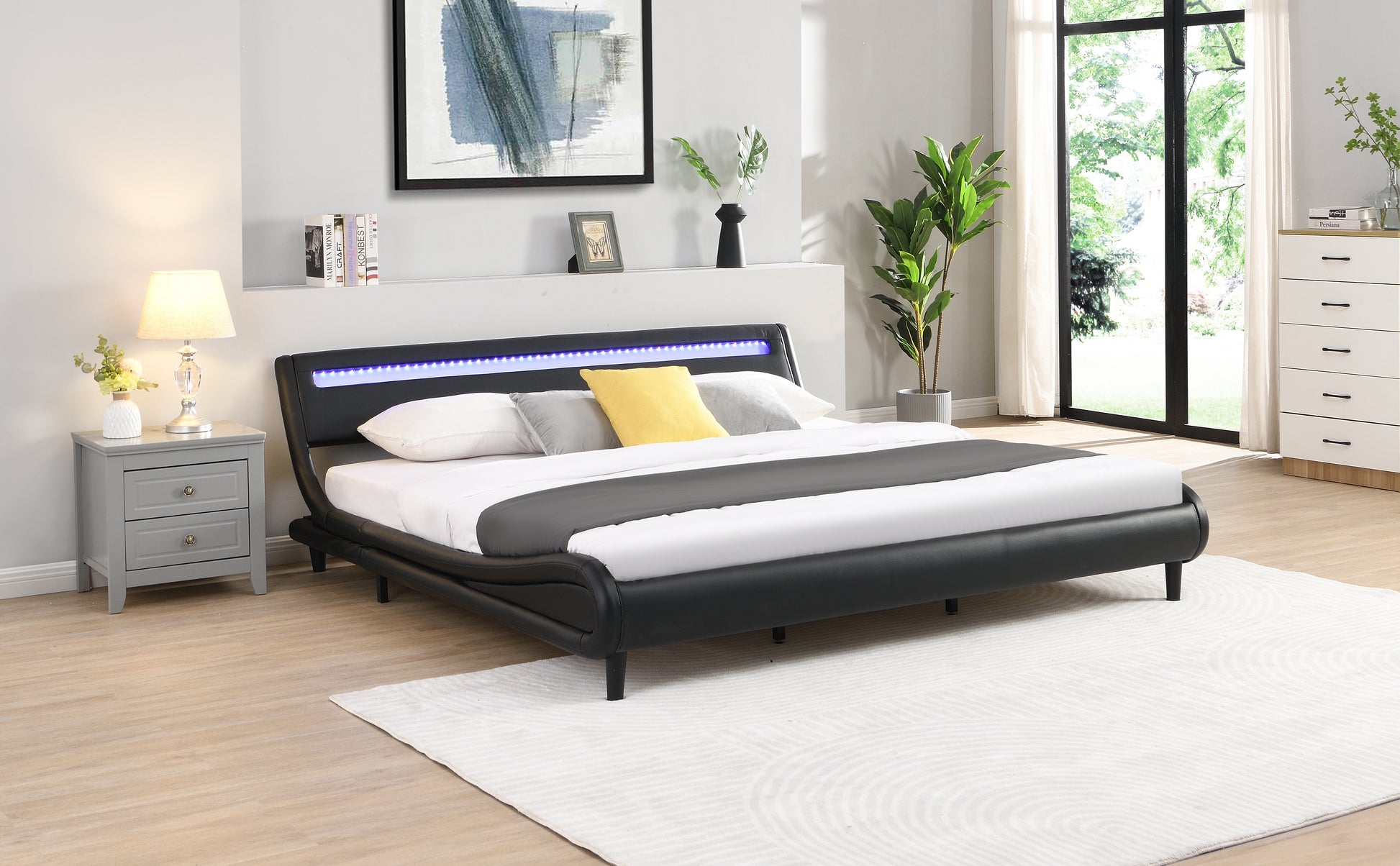 Modern Upholstered Platform Bed Frame With Led Lights Headboard, Faux Leather Wave Like Platform Bed Frame,Strong Wood Slats Support, Easy Assembly, Black, King Size Black Metal & Wood