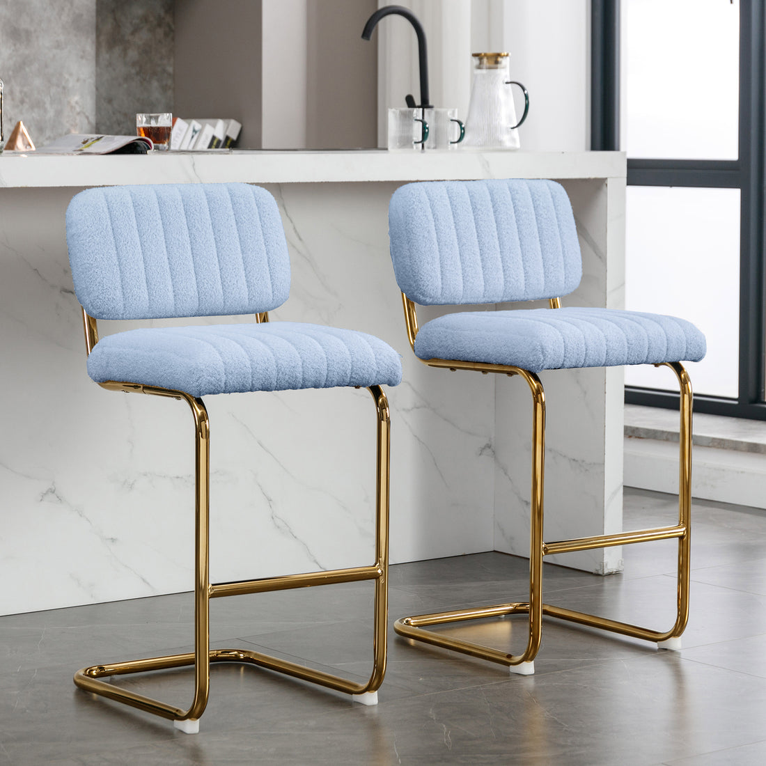 Mid Century Modern Counter Height Bar Stools For Kitchen Set Of 2, Armless Bar Chairs With Gold Metal Chrome Base For Dining Room, Upholstered Boucle Fabric Counter Stools, Blue Blue Faux Fur