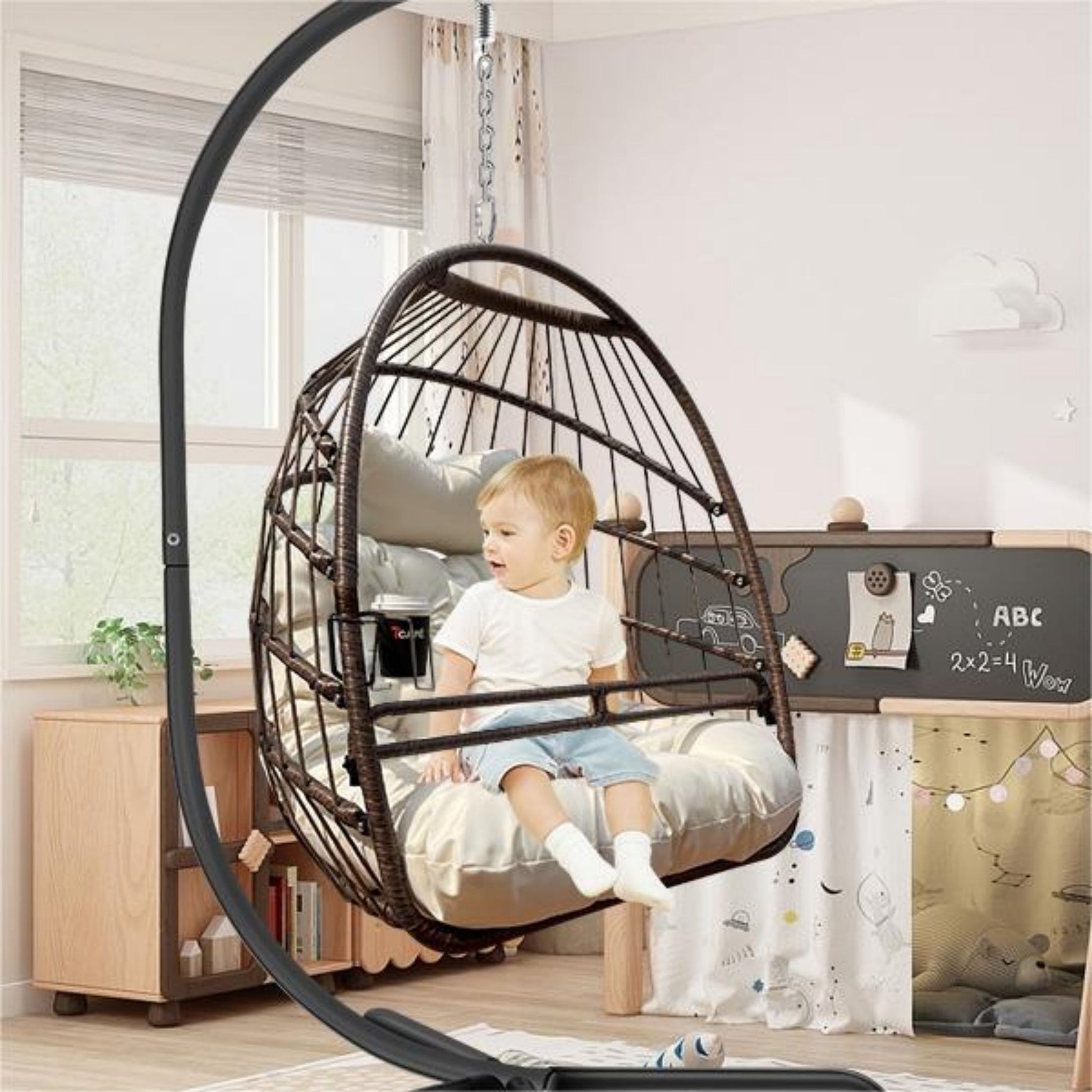 Arrived At Port On Apr. 2 Swing Egg Chair With Stand Indoor Outdoor Wicker Rattan Patio Basket Hanging Chair With C Type Bracketwith Cushion And Pillow,Patio Wicker Folding Hanging Chair Brown Metal