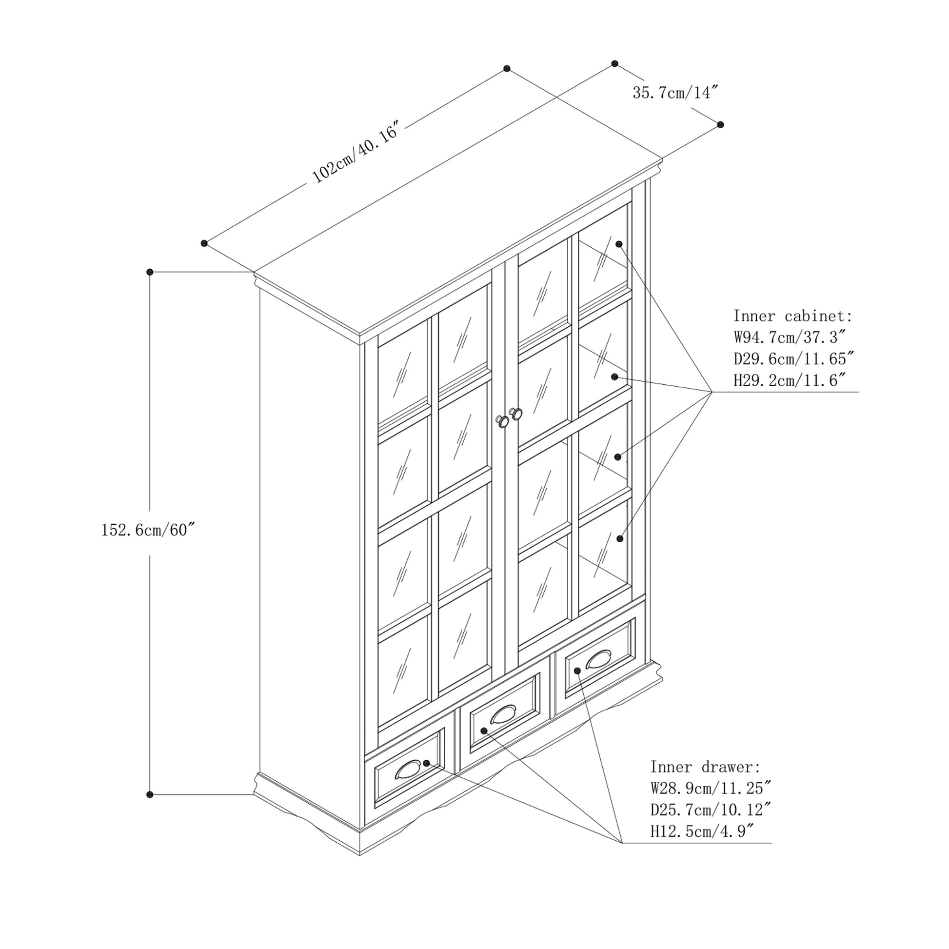 Storage Cabinet With Tempered Glass Doors Curio Cabinet With Adjustable Shelf Display Cabinet With Triple Drawers,Black Black Mdf