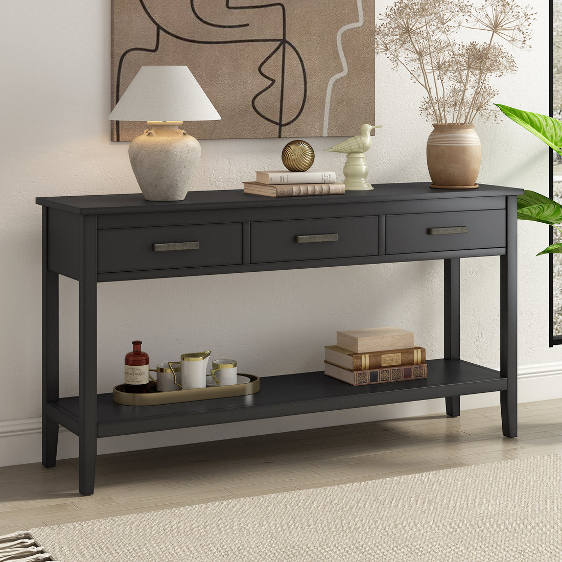 Contemporary 3 Drawer Console Table With 1 Shelf, Entrance Table For Entryway, Hallway, Living Room, Foyer, Corridor Black Solid Wood Mdf