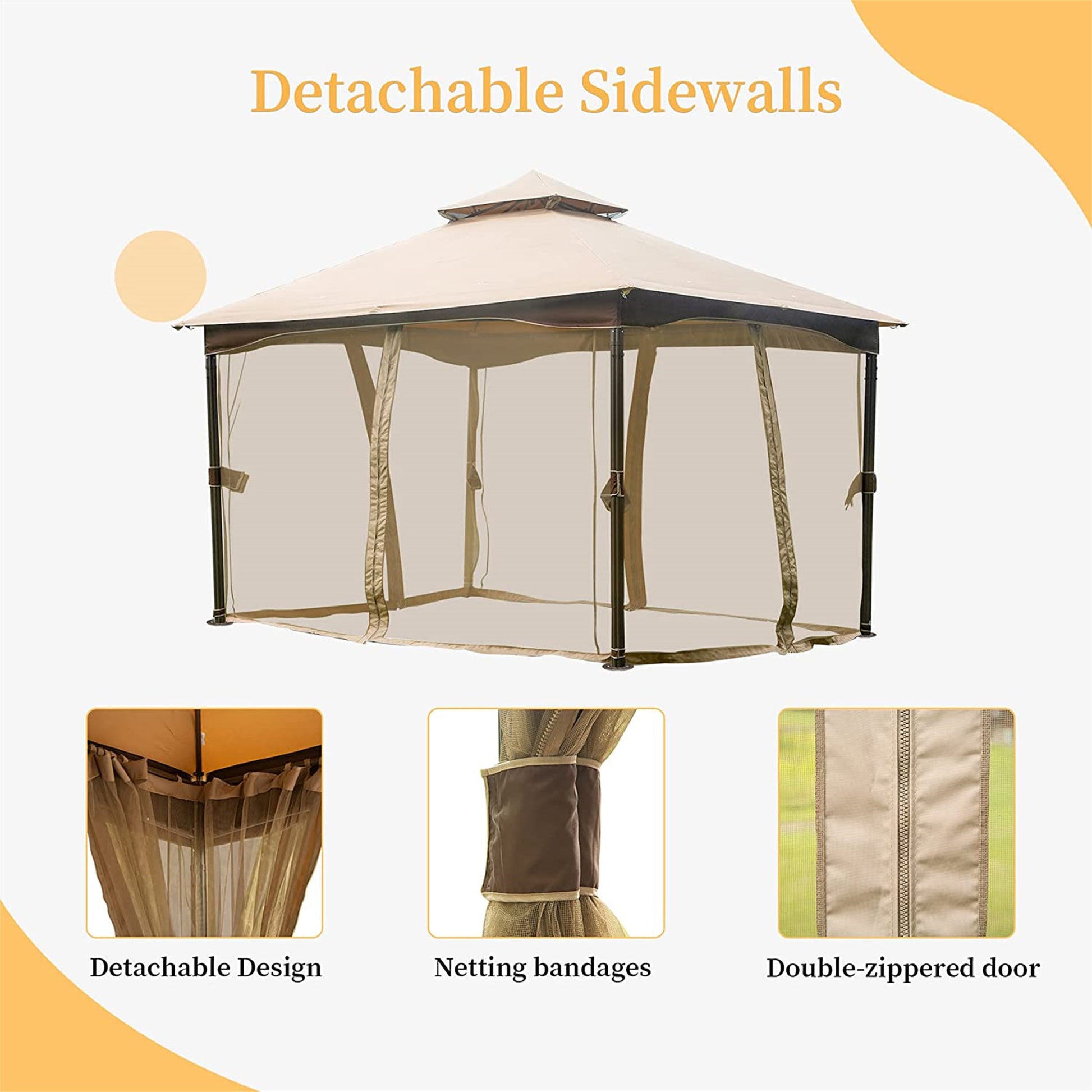 10'X13' Gazebo, Outdoor Gazebo With Mosquito Netting, Metal Frame Double Roof Soft Top Patio Gazebo Canopy Tent For Deck Backyard Garden Lawns Khaki Khaki Metal