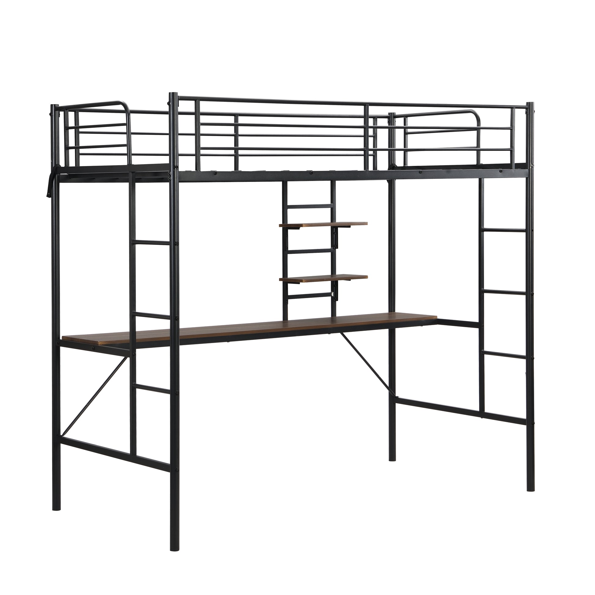 Metal Twin Loft Bed With Desk And Storage Shelves Black Mdf Steel