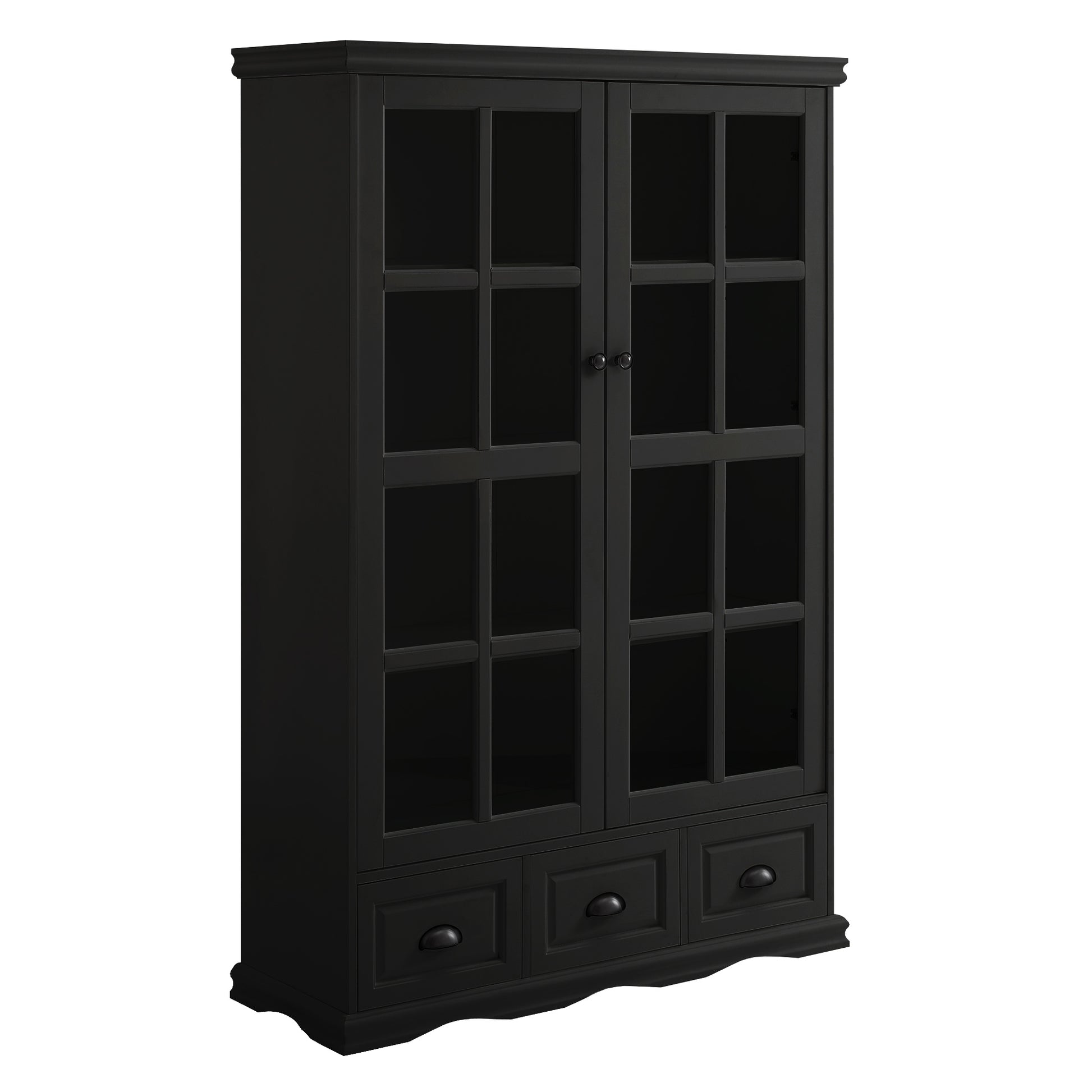 Storage Cabinet With Tempered Glass Doors Curio Cabinet With Adjustable Shelf Display Cabinet With Triple Drawers,Black Black Mdf