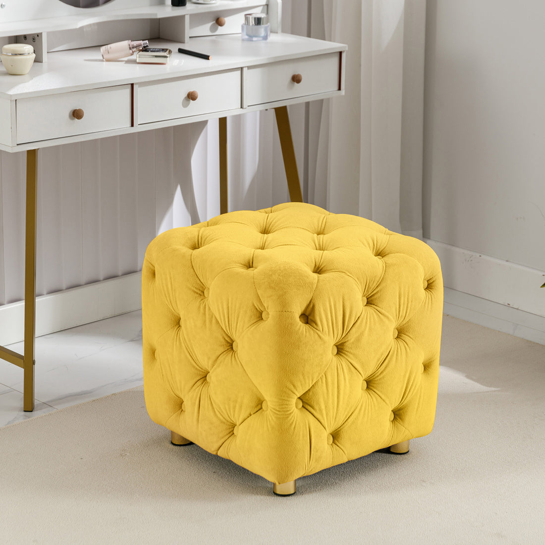 Yellow Modern Velvet Upholstered Ottoman, Exquisite Small End Table, Soft Foot Stool,Dressing Makeup Chair, Comfortable Seat For Living Room, Bedroom, Entrance Yellow Velvet
