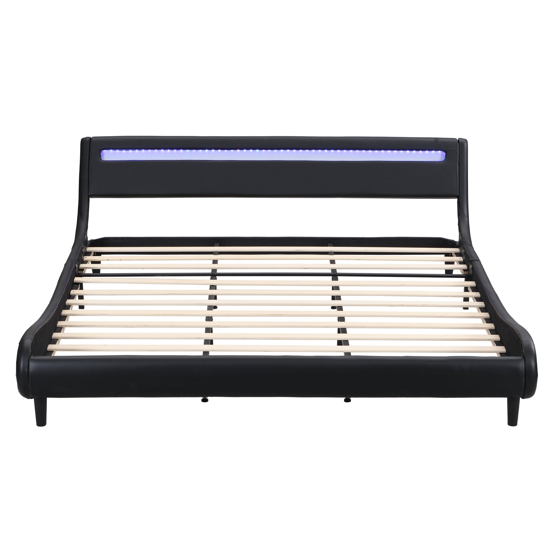Modern Upholstered Platform Bed Frame With Led Lights Headboard, Faux Leather Wave Like Platform Bed Frame,Strong Wood Slats Support, Easy Assembly, Black, King Size Black Metal & Wood