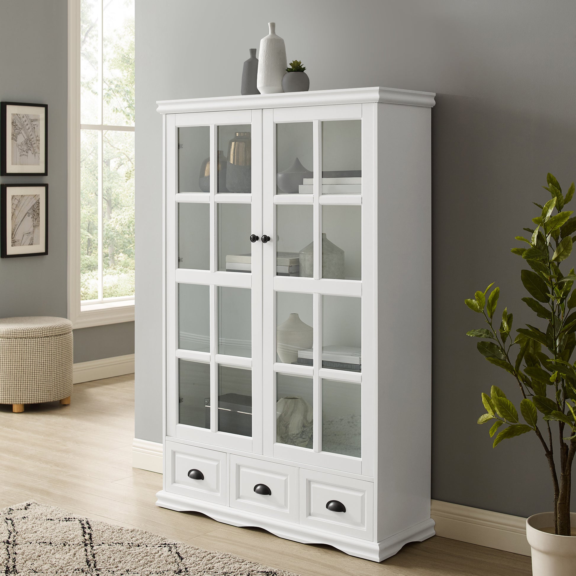 Storage Cabinet With Tempered Glass Doors Curio Cabinet With Adjustable Shelf Display Cabinet With Triple Drawers,White White Mdf