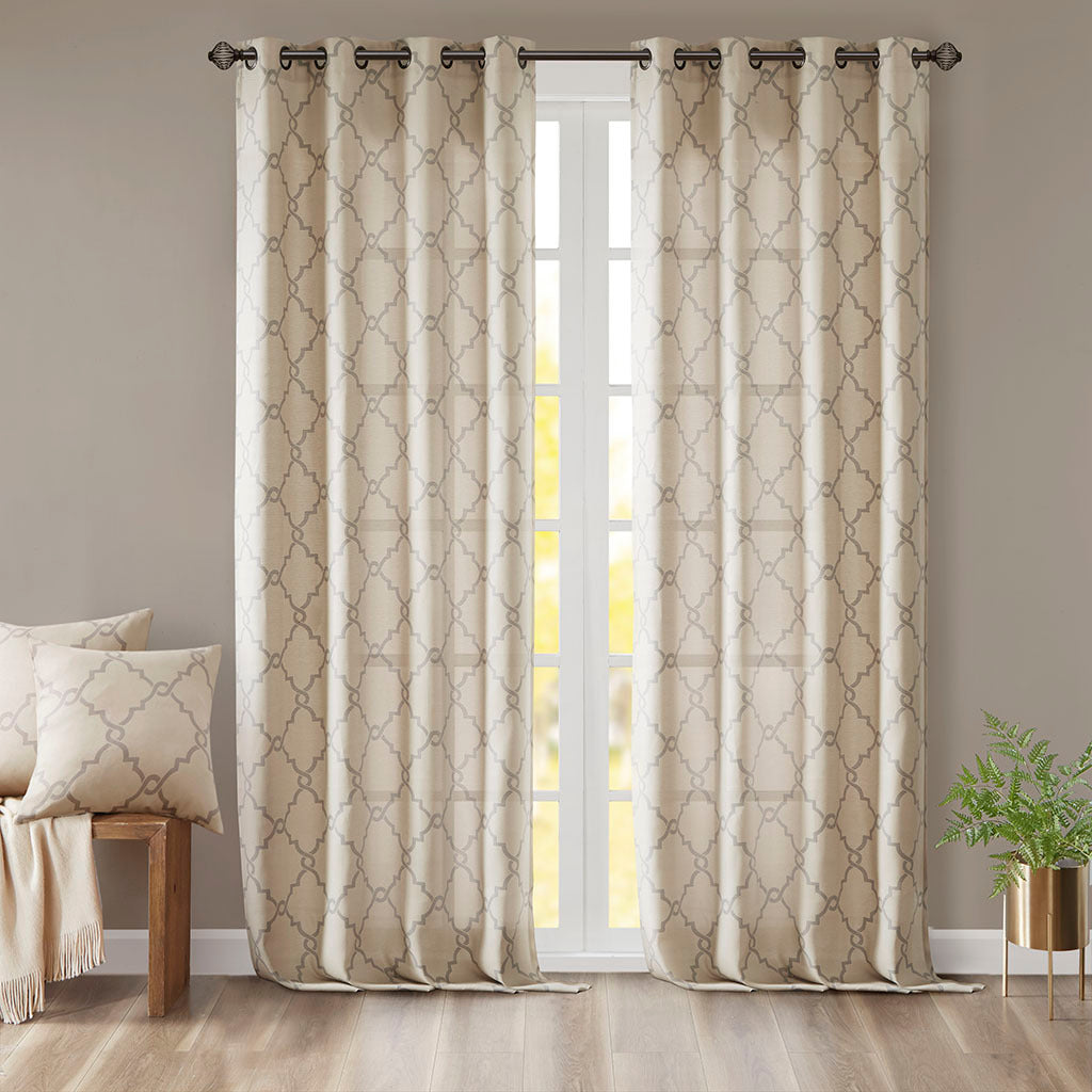 Fretwork Print Grommet Top Window Curtain Panel Only 1 Pc Panel Beige Grey Polyester