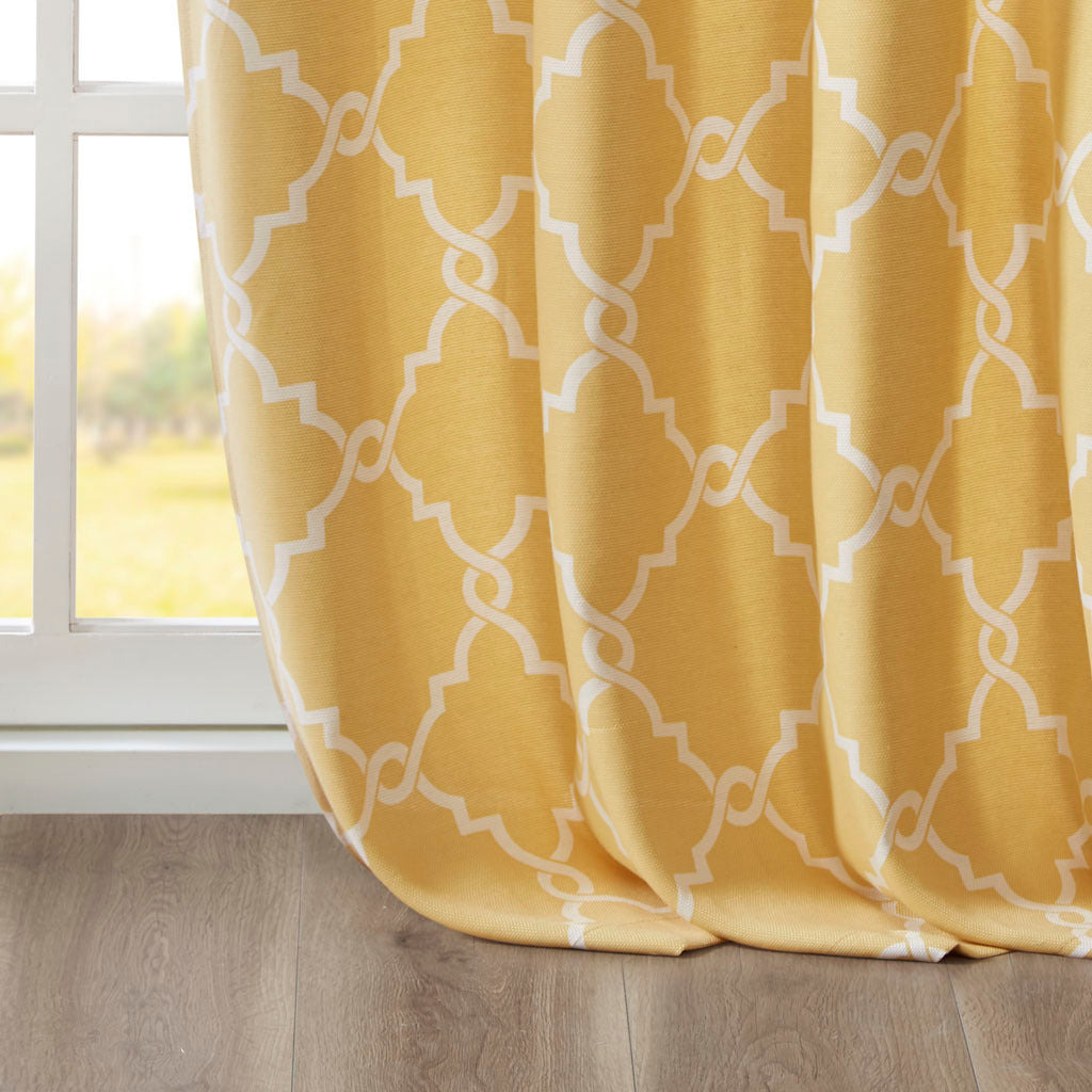 Fretwork Print Grommet Top Window Curtain Panel Only 1 Pc Panel Yellow White Polyester