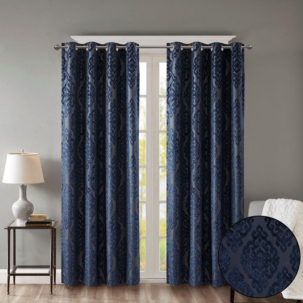 Knitted Jacquard Da Total Blackout Grommet Top Curtain Panel Only 1 Pc Panel Navy Polyester