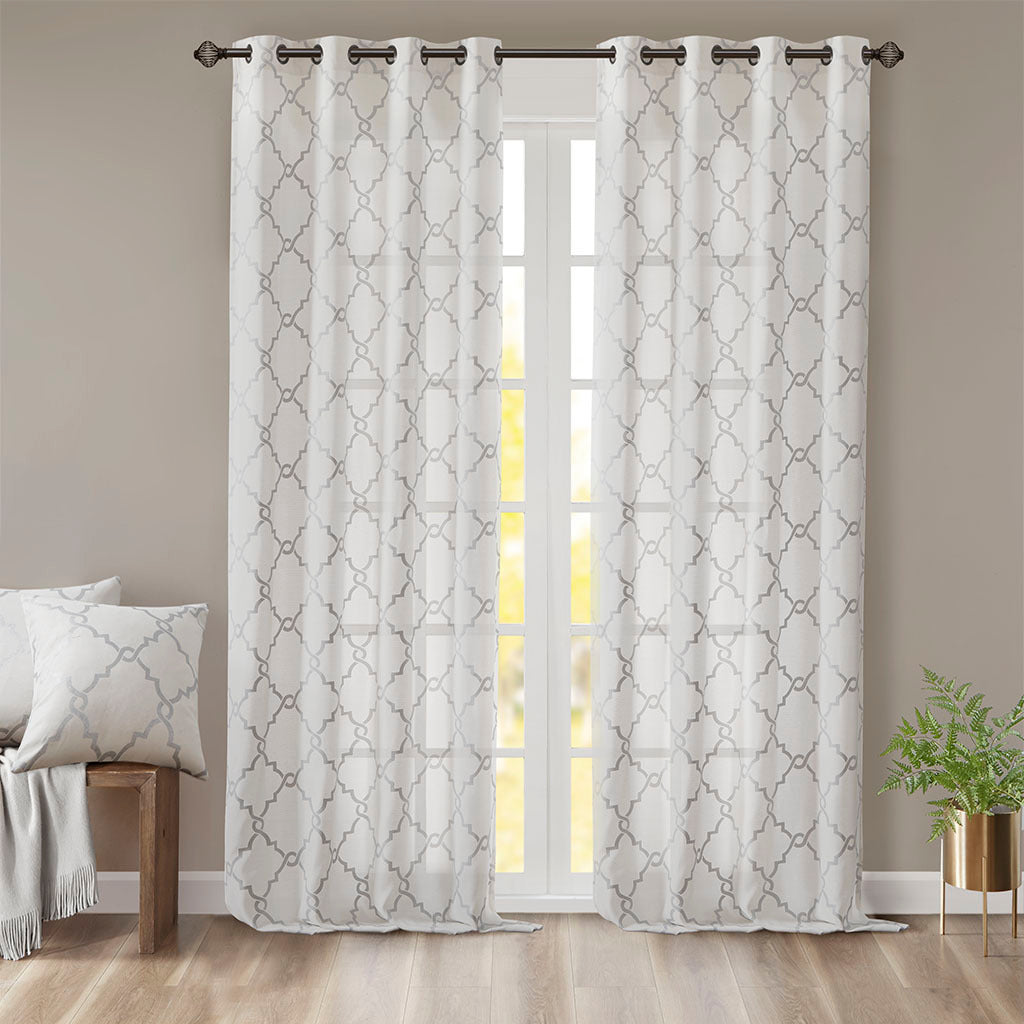 Fretwork Print Grommet Top Window Curtain Panel Only 1 Pc Panel Ivory Grey Polyester