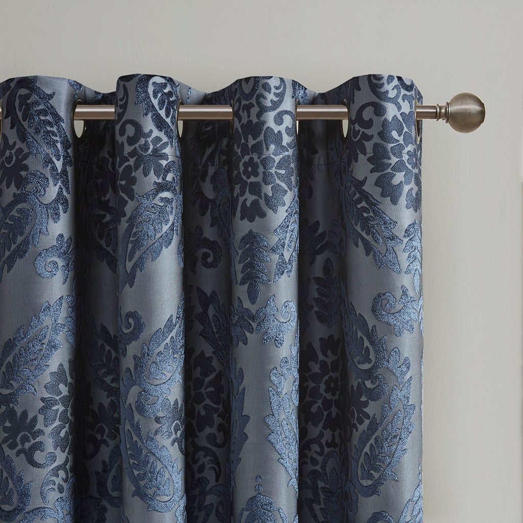 Knitted Jacquard Paisley Total Blackout Grommet Top Curtain Panel Only 1 Pc Panel Navy Polyester