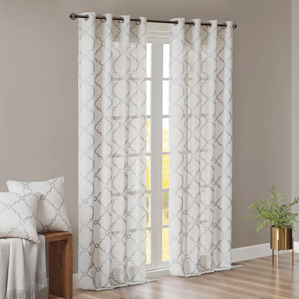 Fretwork Print Grommet Top Window Curtain Panel Only 1 Pc Panel Ivory Grey Polyester