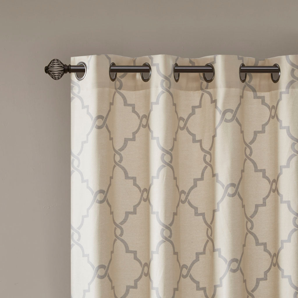 Fretwork Print Grommet Top Window Curtain Panel Only 1 Pc Panel Beige Grey Polyester