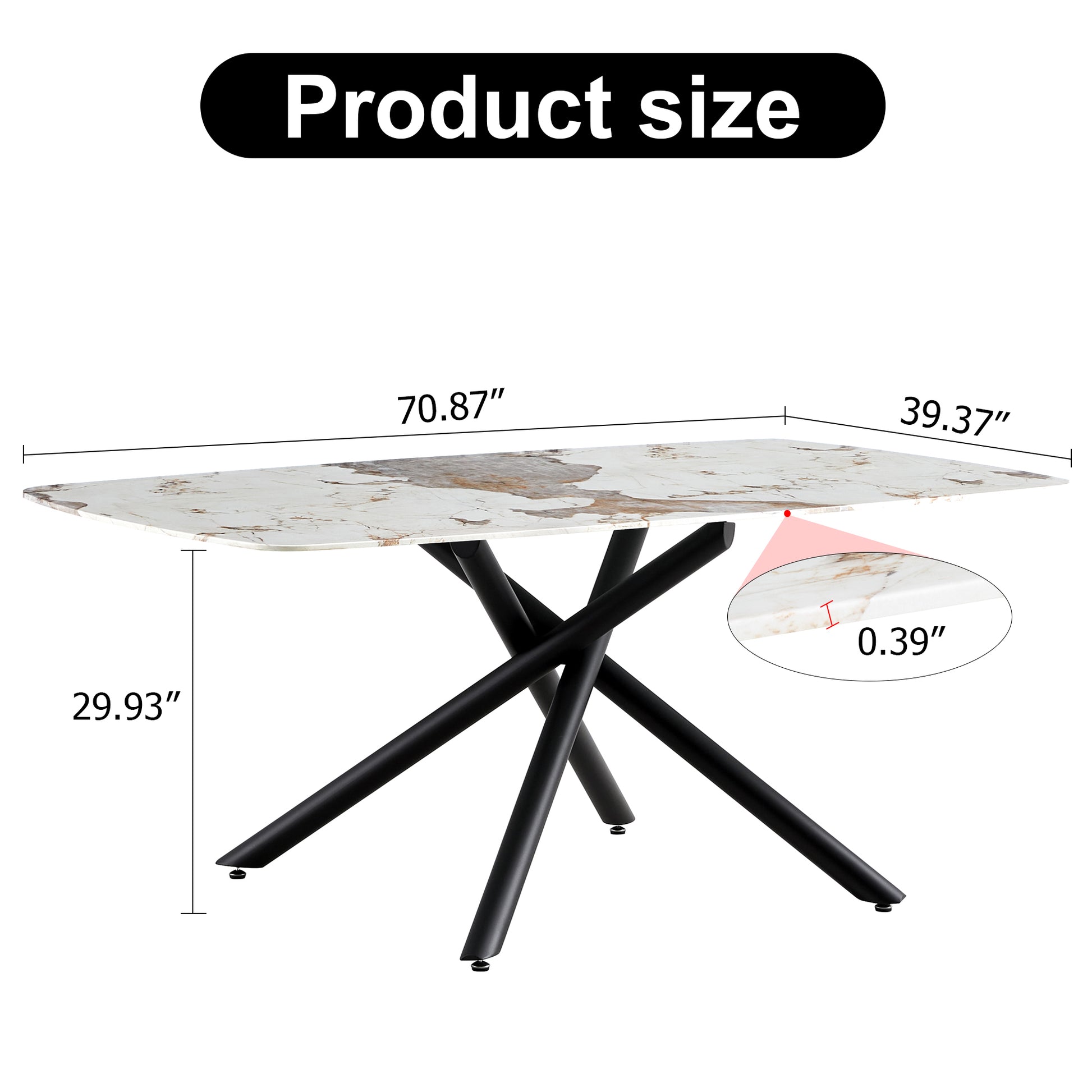 Large rectangular imitation marble dining table, 6 8 white+black-glass