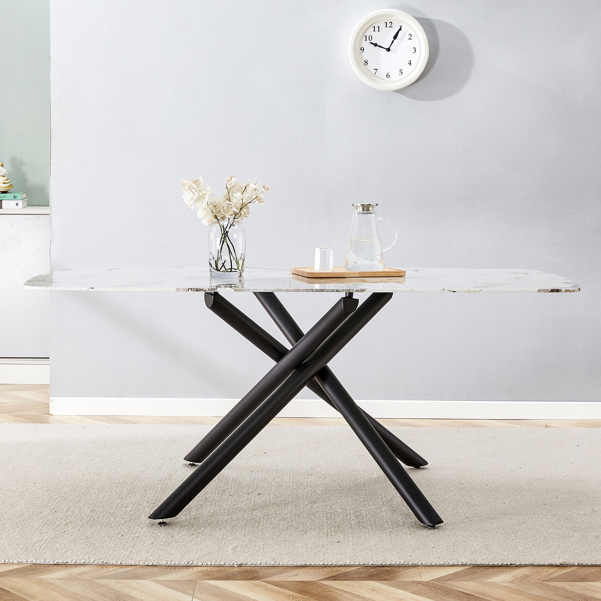 Large rectangular imitation marble dining table, 6 8 white+black-glass