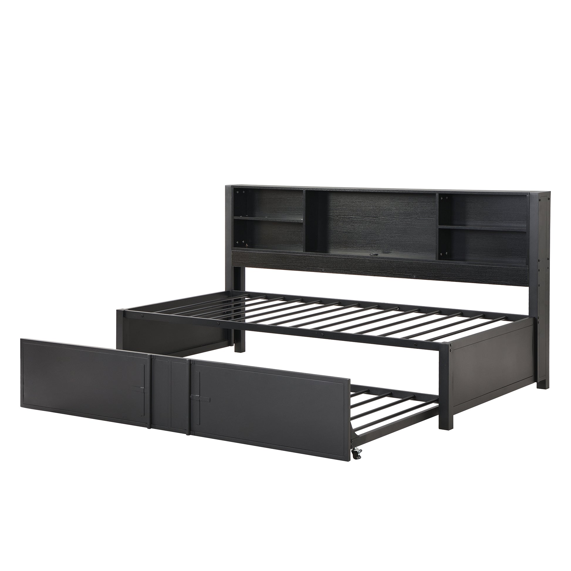 Metal Twin Size Daybed With Twin Size Trundle, Storage Shelves And Usb Ports, Black Box Spring Not Required Twin Black Metal Bed Frame Metal & Wood