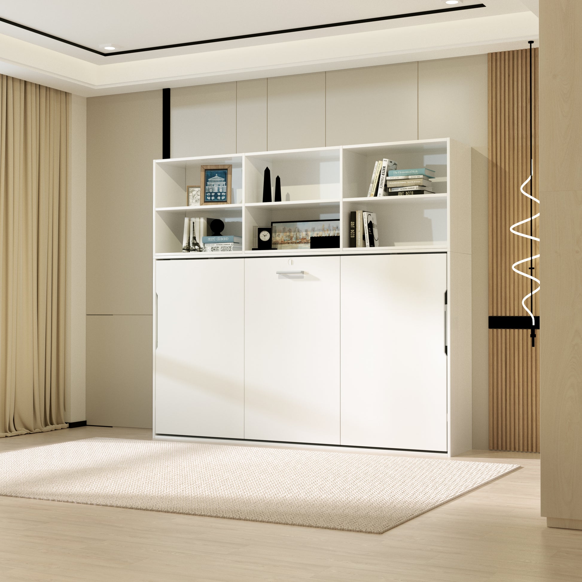 Mordern Design Twin Size Horizontal Murphy Bed With Shelf Storage For Bedroom Or Guestroom White Wall Bed Space Saving Hidden Bed With Style Gas Struts Box Spring Not Required Twin White Metal White Bedroom American Design,Cute,European,Modern Murphy