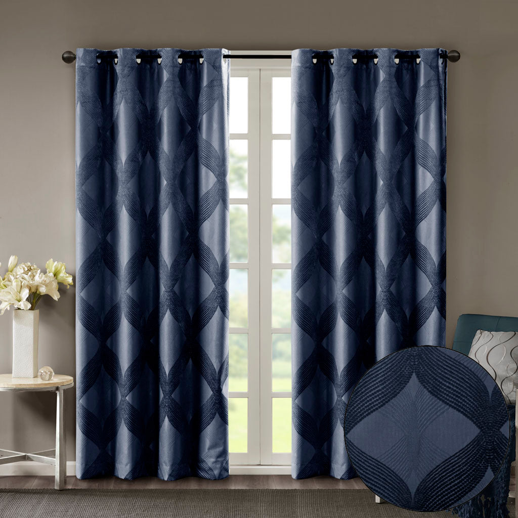 Ogee Knitted Jacquard Total Blackout Curtain Panel Only 1 Pc Panel Navy Polyester