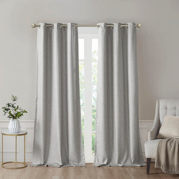 Tonal Printed Faux Silk Total Blackout Curtain Panel Pair 2 Pcs Window Panels Grey Polyester