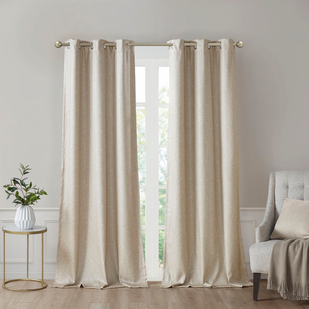 Tonal Printed Faux Silk Total Blackout Curtain Panel Pair 2 Pcs Window Panels Taupe Polyester