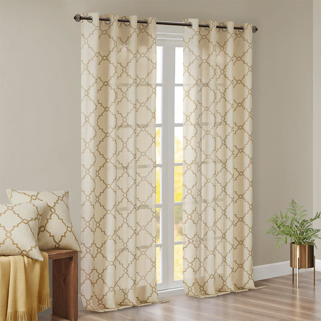 Fretwork Print Grommet Top Window Curtain Panel Only 1 Pc Panel Beige Gold Polyester