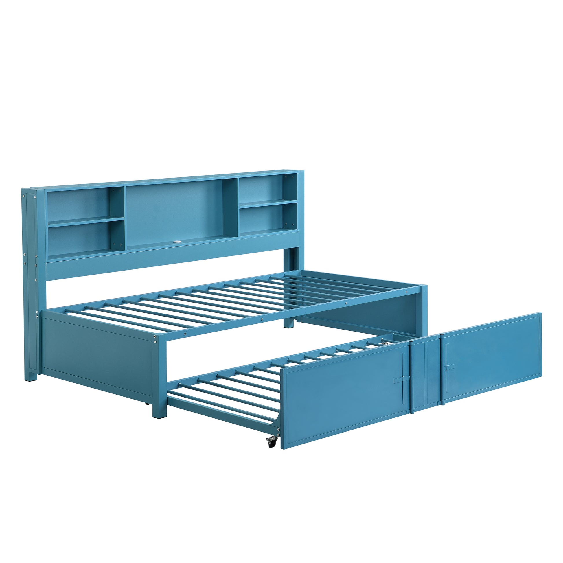 Metal Twin Size Daybed With Twin Size Trundle, Storage Shelves And Usb Ports, Blue Box Spring Not Required Twin Blue Metal Bed Frame Metal & Wood