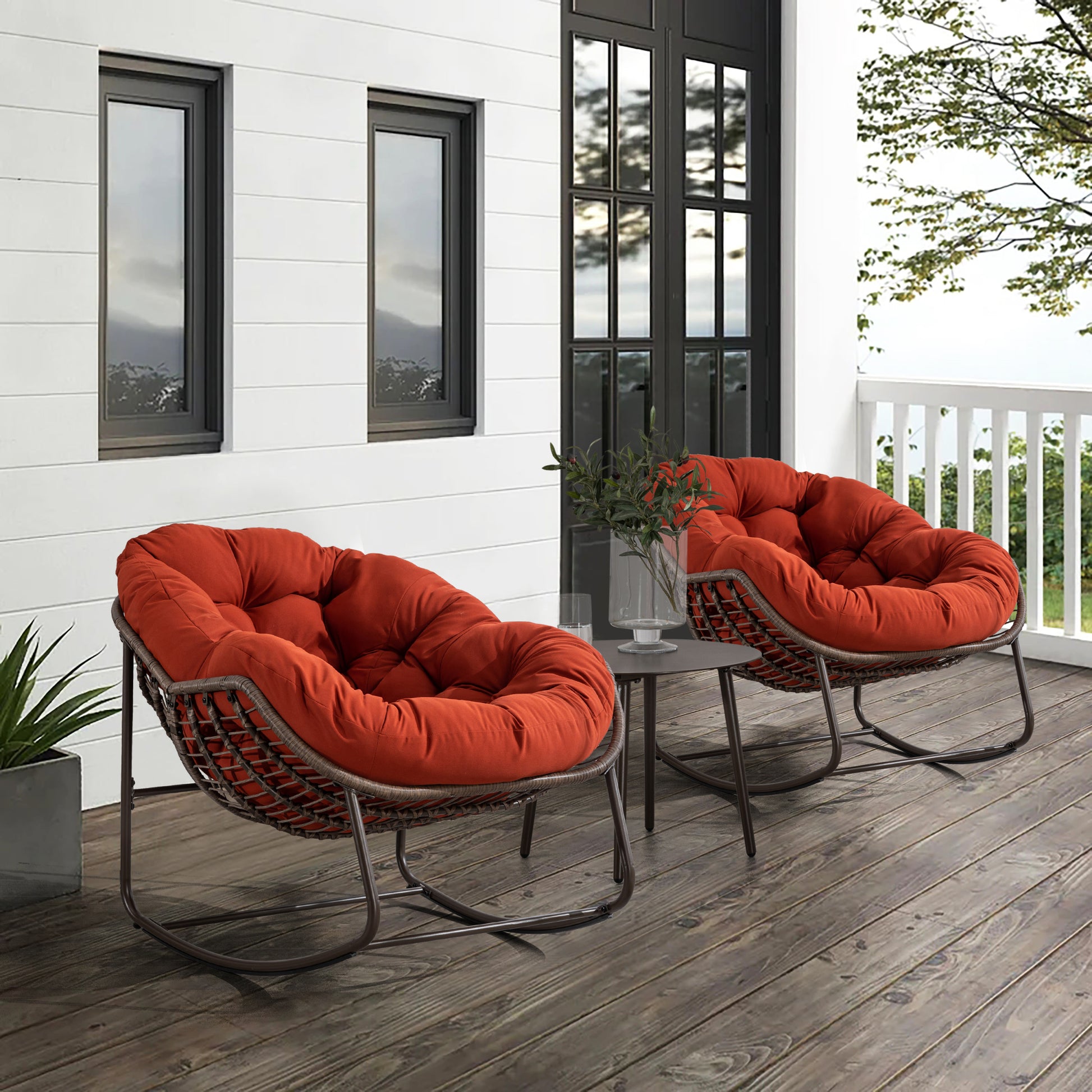 Outdoor Rattan Rocking Chair,Padded Cushion Rocker Recliner Chair Outdoor For Front Porch, Living Room, Patio, Garden, Orange Orange Cotton Steel