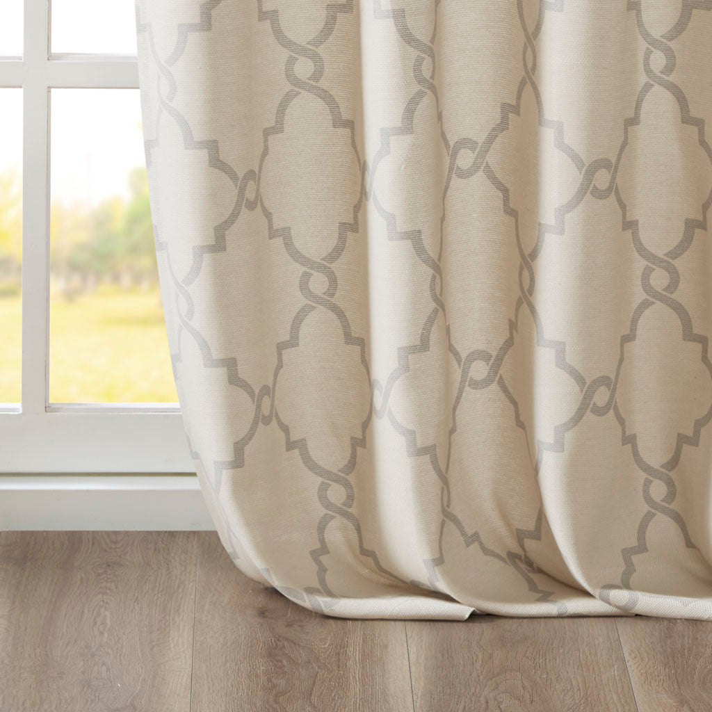 Fretwork Print Grommet Top Window Curtain Panel Only 1 Pc Panel Beige Grey Polyester