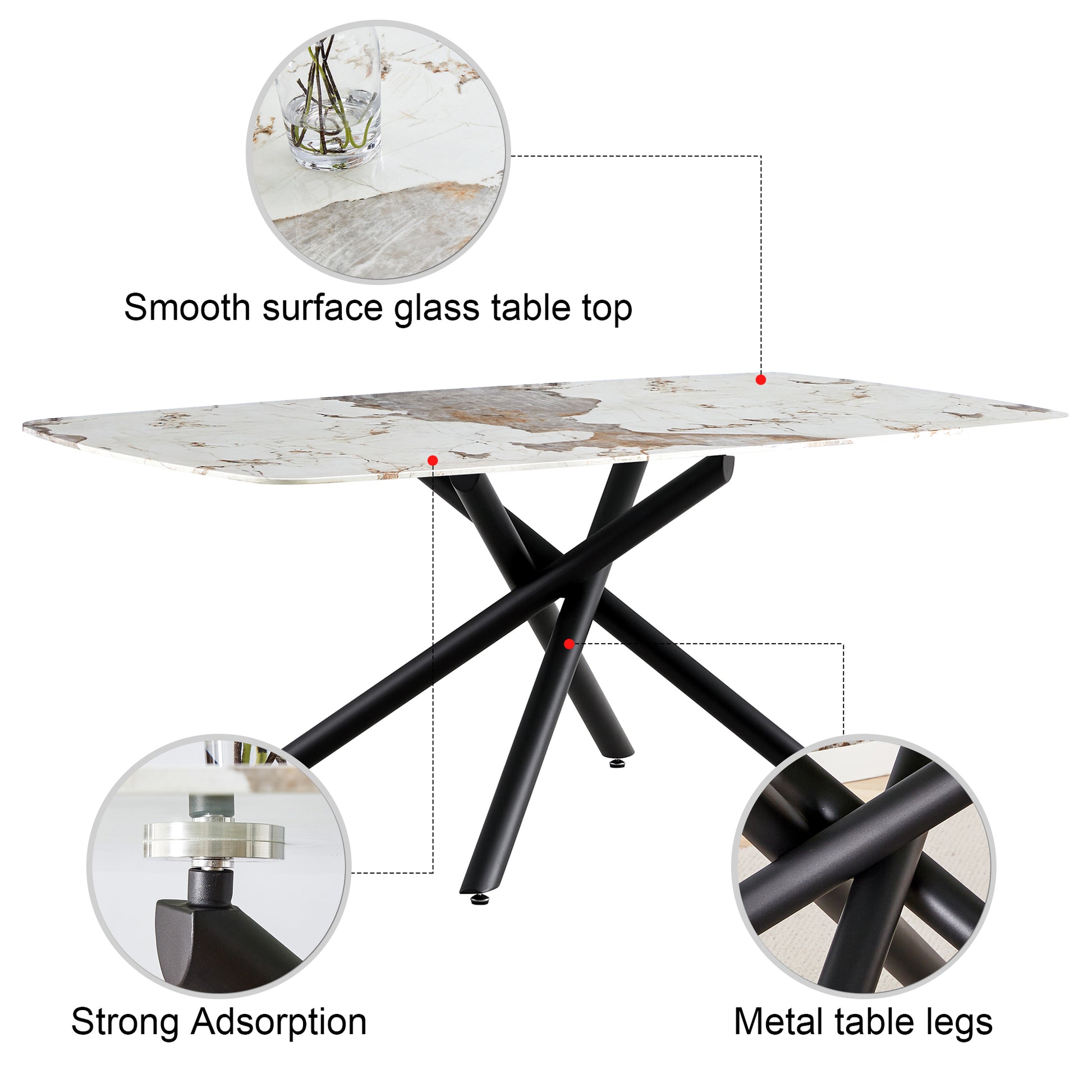 Large rectangular imitation marble dining table, 6 8 white+black-glass