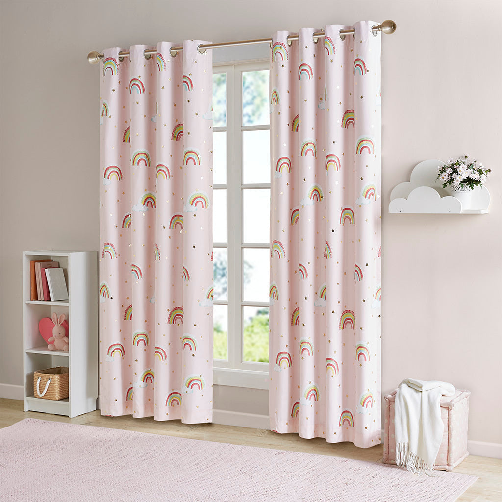 Rainbow With Metallic Printed Total Blackout Curtain Panel Only 1 Pc Panel Pink Polyester