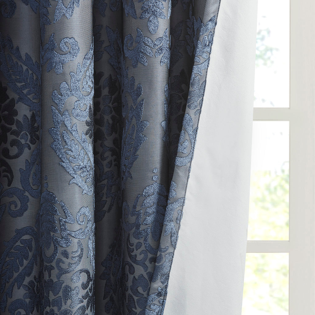 Knitted Jacquard Paisley Total Blackout Grommet Top Curtain Panel Only 1 Pc Panel Navy Polyester