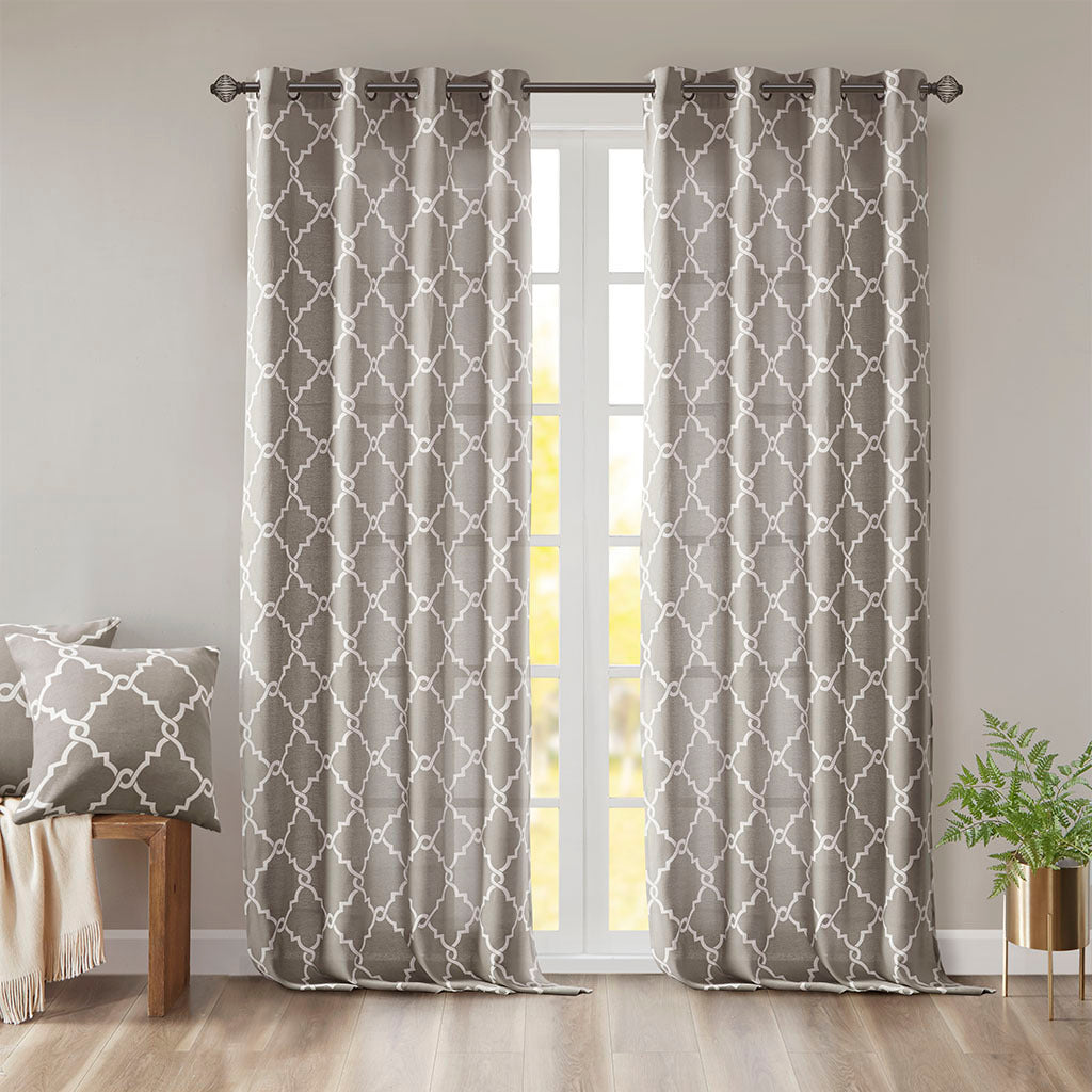 Fretwork Print Grommet Top Window Curtain Panel Only 1 Pc Panel Grey White Polyester