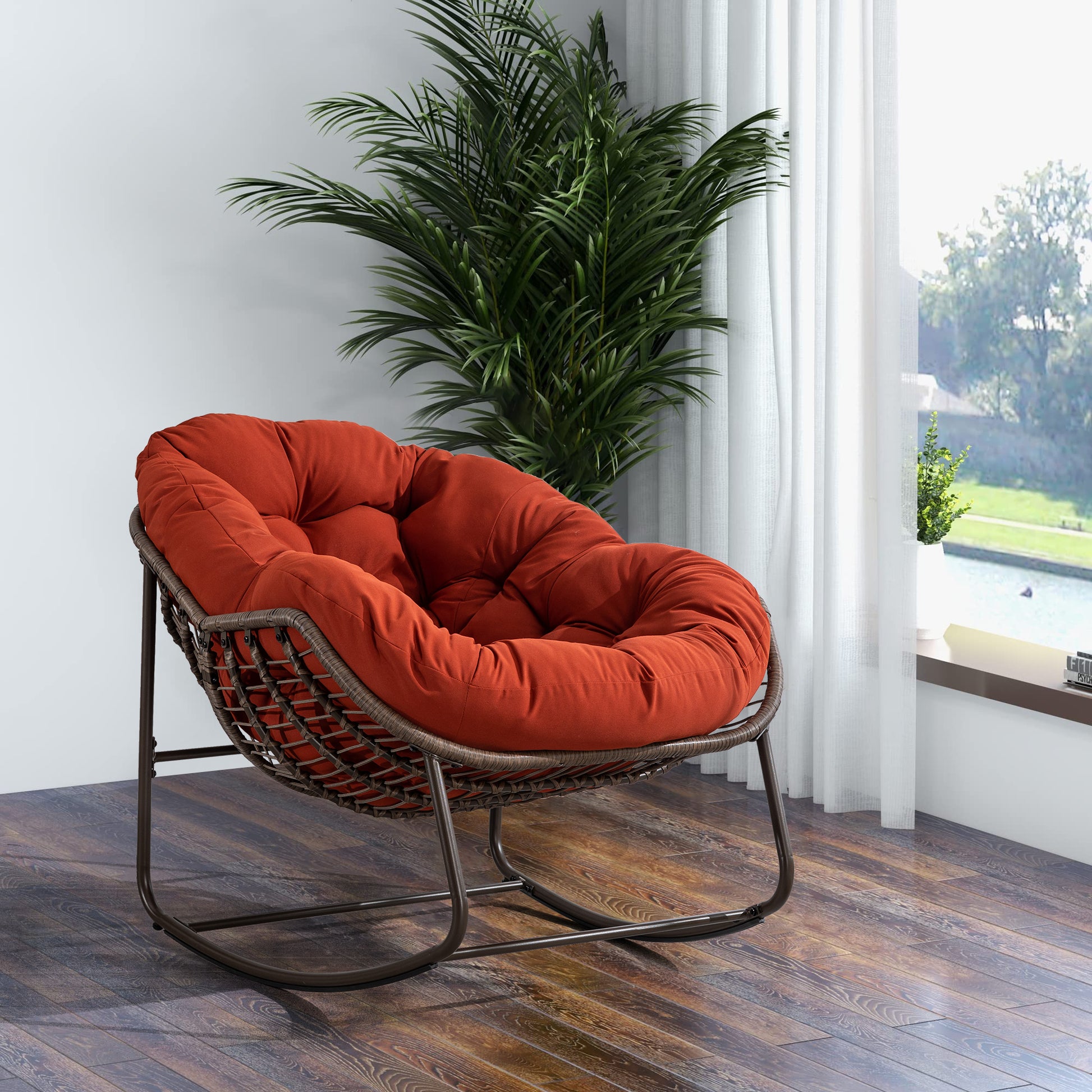 Outdoor Rattan Rocking Chair,Padded Cushion Rocker Recliner Chair Outdoor For Front Porch, Living Room, Patio, Garden, Orange Orange Cotton Steel