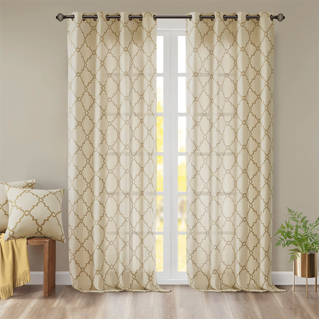 Fretwork Print Grommet Top Window Curtain Panel Only 1 Pc Panel Beige Gold Polyester