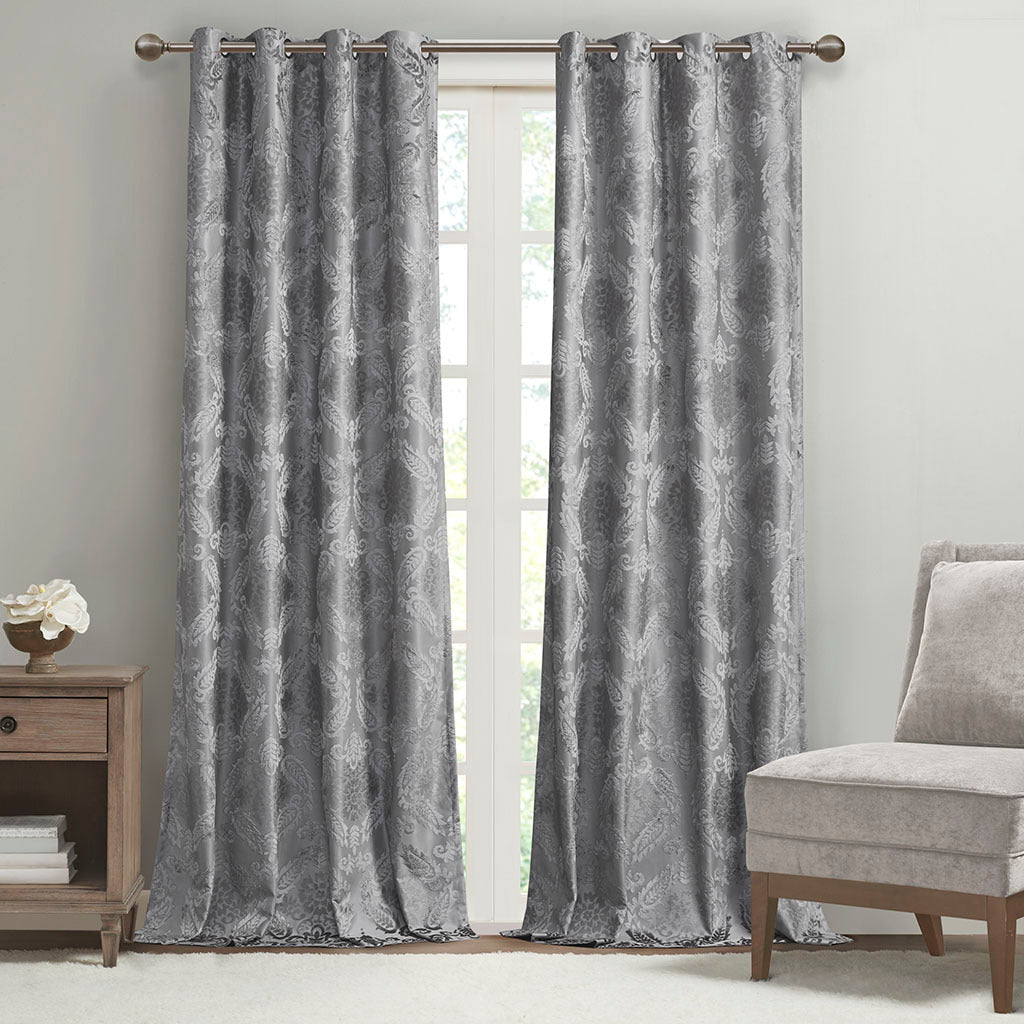 Knitted Jacquard Paisley Total Blackout Grommet Top Curtain Panel Only 1 Pc Panel Grey Polyester