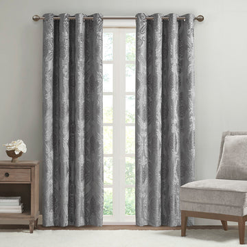 Knitted Jacquard Paisley Total Blackout Grommet Top Curtain Panel Only 1 Pc Panel Grey Polyester