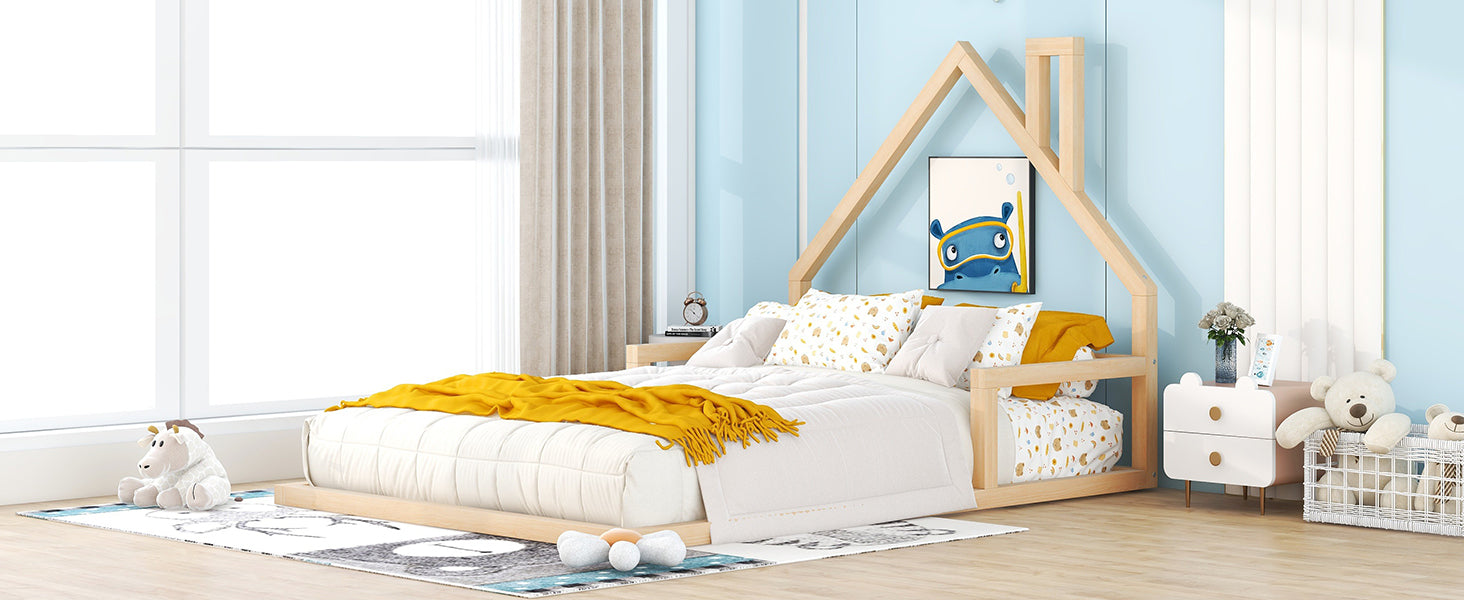 Full Size Wood Floor Bed With House Shaped Headboard, Natural Box Spring Not Required Full Natural Wood Bedroom Pine Bed Frame Solid Wood Mdf