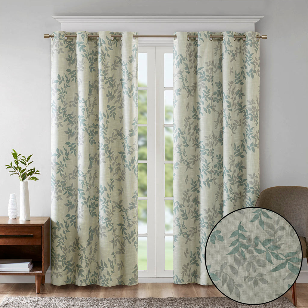 Printed Botanical Blackout Curtain Panel Aqua Polyester